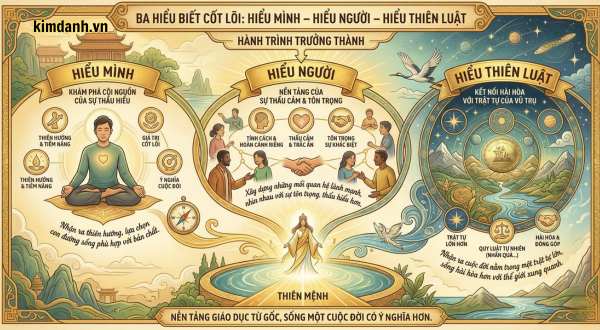 Ba cánh cửa hiểu biết của Học viện Kim Danh là gì? 2 Ba cánh cửa hiểu biết: hiểu mình – hiểu người – hiểu Thiên luật